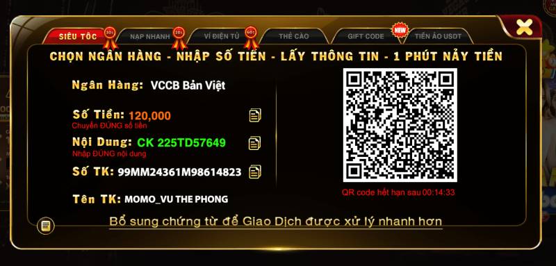 Nạp tiền qua ngân hàng nội địa