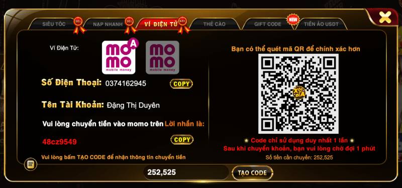 Nạp tiền qua ví điện tử MoMo, ZaloPay